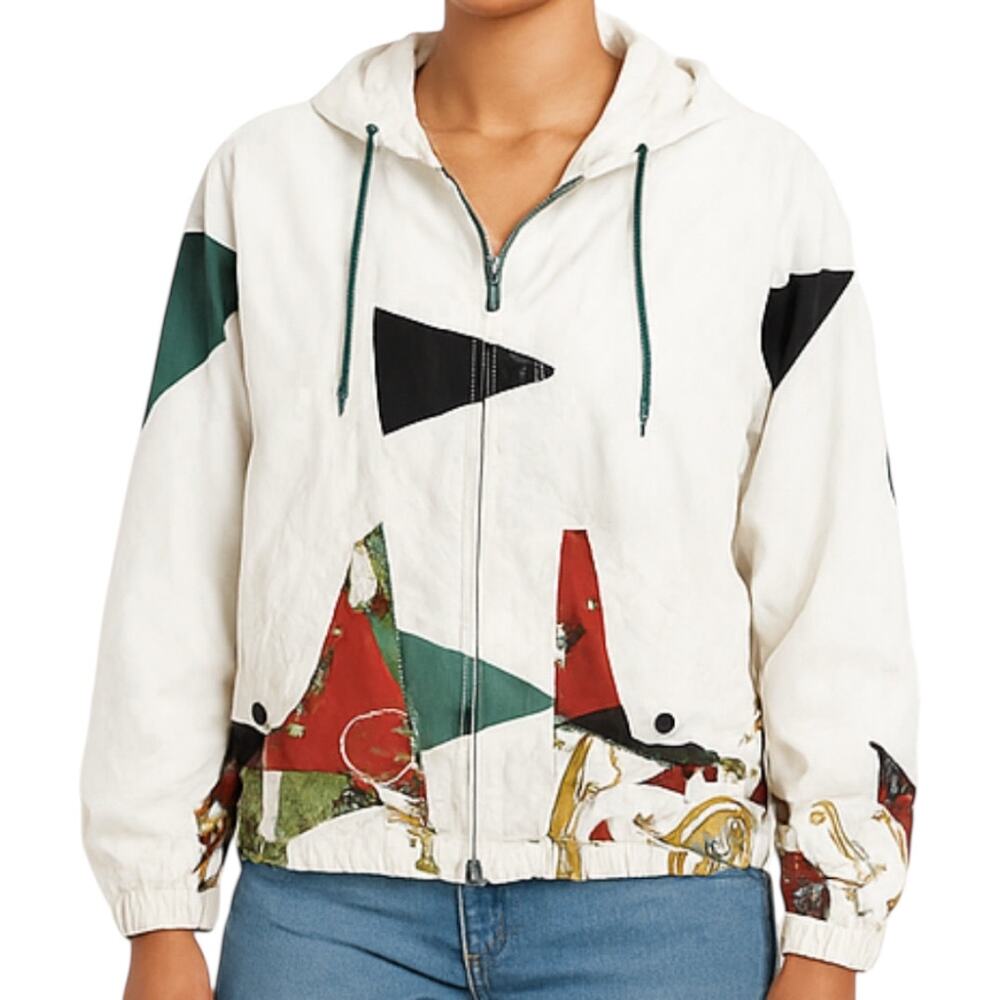 Vintage Mulberry Street Full Zip Windbreaker Jacket 90 Ski Hood Abstract White M